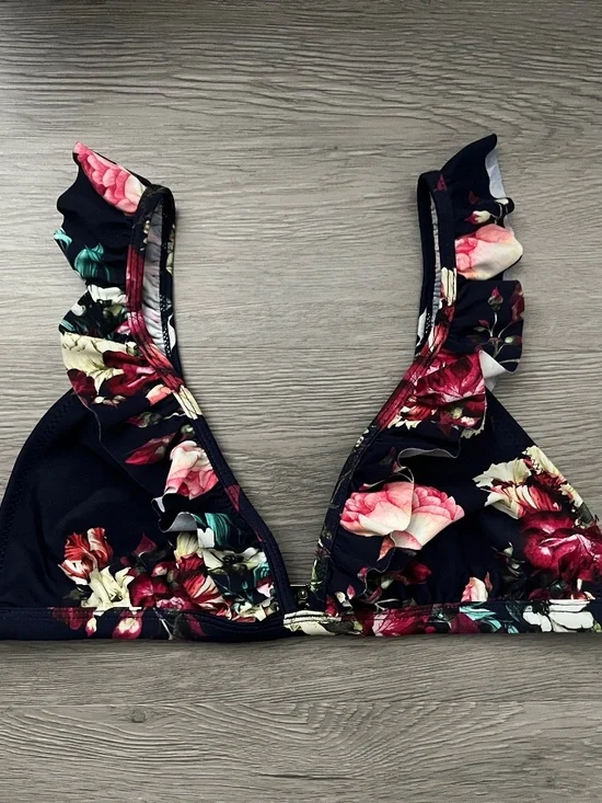 Cupshe Women's Ruffled OTS Floral Print Bikini Top, Navy Blue Size M - Picture 3 of 14
